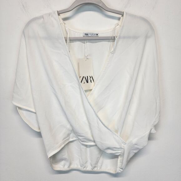 Zara Crossover Blouse Top Size L White Short Sleeve Pullover V-neck Flowy Chic - Picture 7 of 13